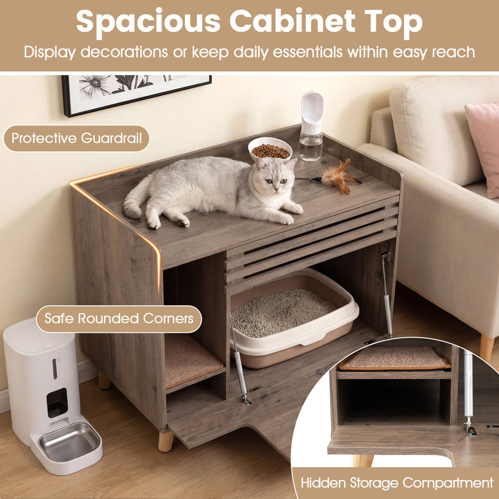 Cat litter box enclosure in brown with a spacious top, flip-down door, and hidden storage for discreet pet care.