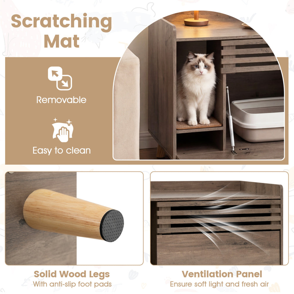 Cat litter box enclosure in brown with a removable scratching mat and solid wood legs, perfect for discreet pet care.