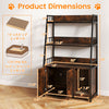 Cat litter box enclosure with storage shelves in rustic brown, featuring dimensions and design details for optimal use.