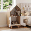 Modern cat litter box enclosure with a house-shaped design, featuring a spacious cabinet and upper shelf for storage.