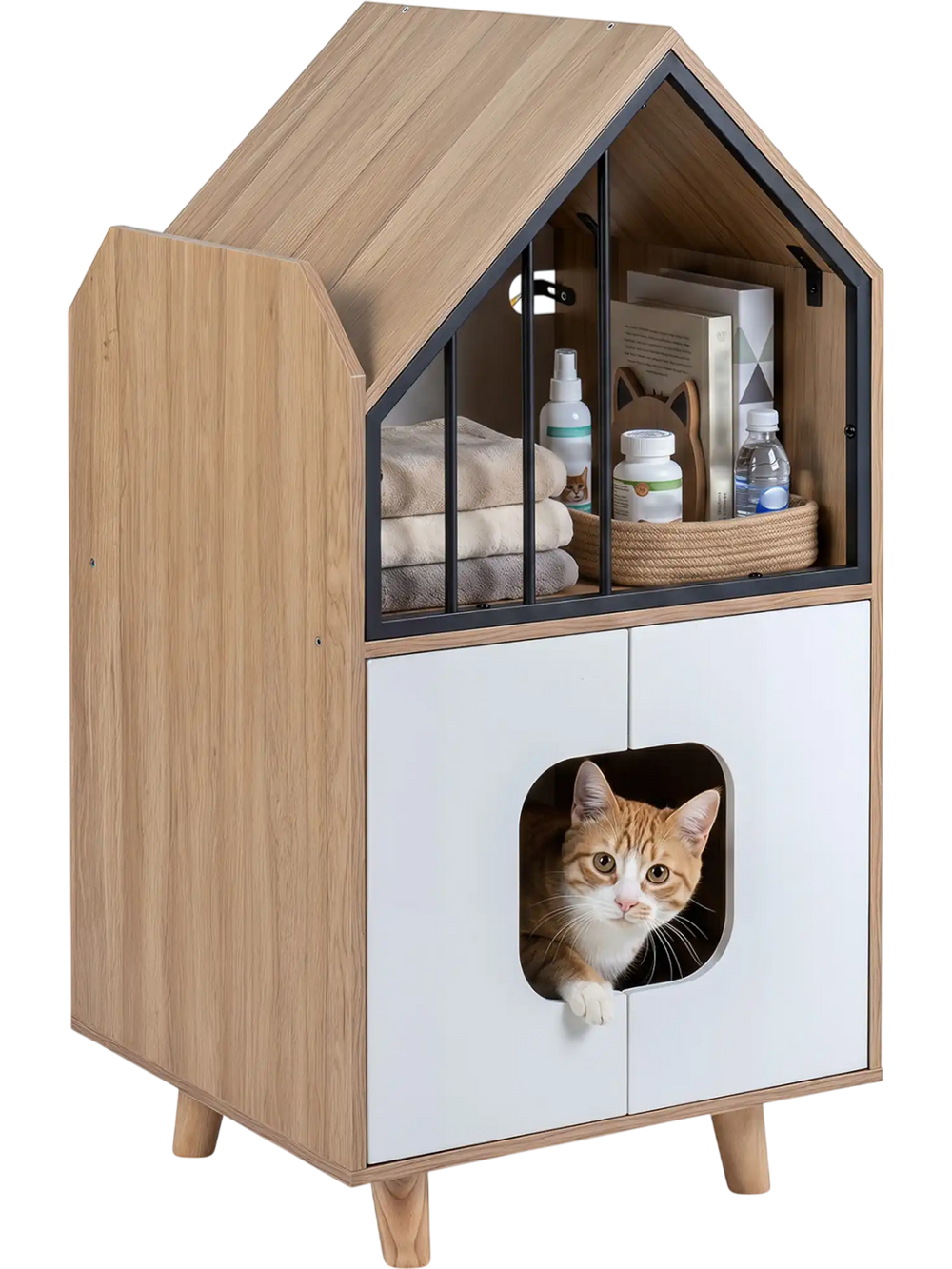 House-shaped modern cat litter box enclosure with storage shelf, double doors, and decorative metal fence for indoor use.