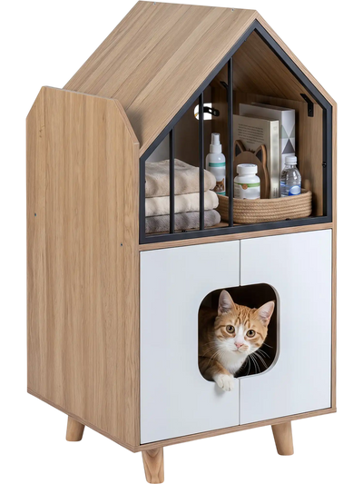 Costway Wooden Cat Litter Box Enclosure House w/ Shelf & 2 Doors 76610230 New