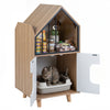 Modern cat litter box enclosure with a house shape, featuring a hidden litter box and upper storage shelf for supplies.