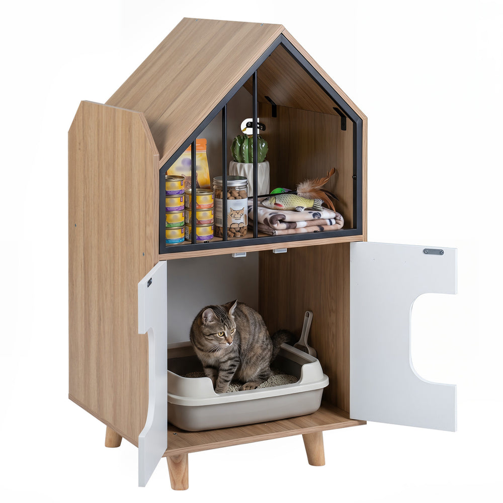 Modern cat litter box enclosure with a house shape, featuring a hidden litter box and upper storage shelf for supplies.