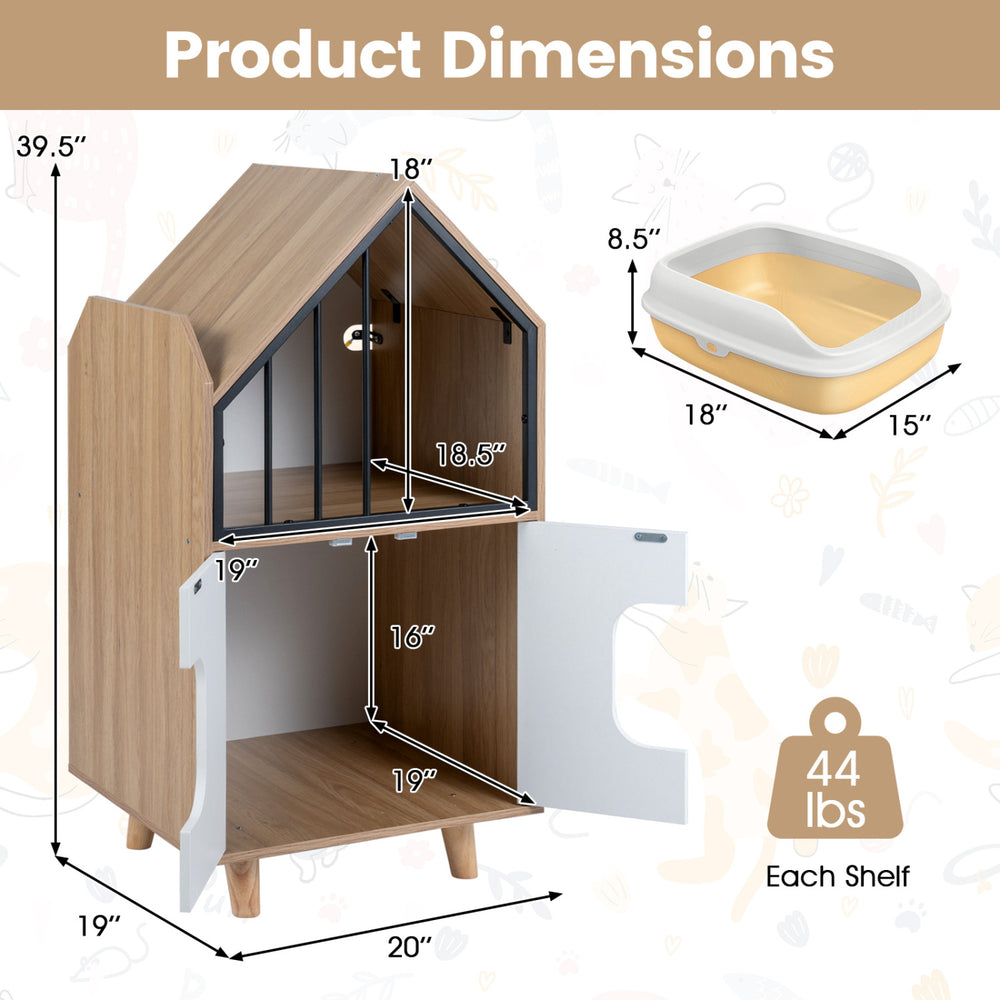 Modern cat litter box enclosure with a house-shaped design, featuring a hidden cabinet and upper shelf for storage.