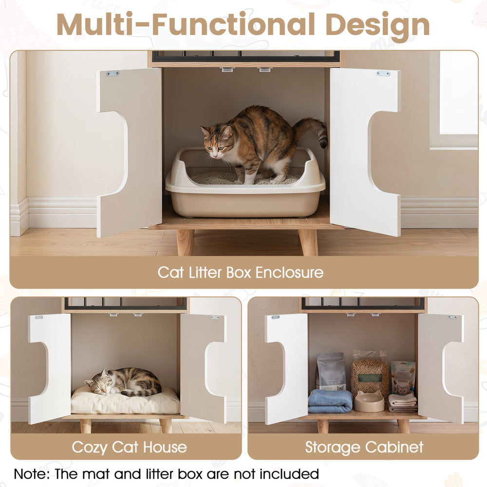 Modern cat litter box enclosure with a house-shaped design, serving as a cat condo and storage cabinet for indoor use.