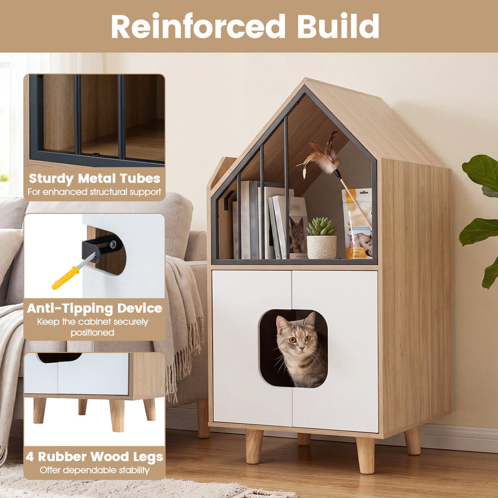 Modern cat litter box enclosure with a house shape, featuring a storage shelf, double doors, and reinforced metal tubes.