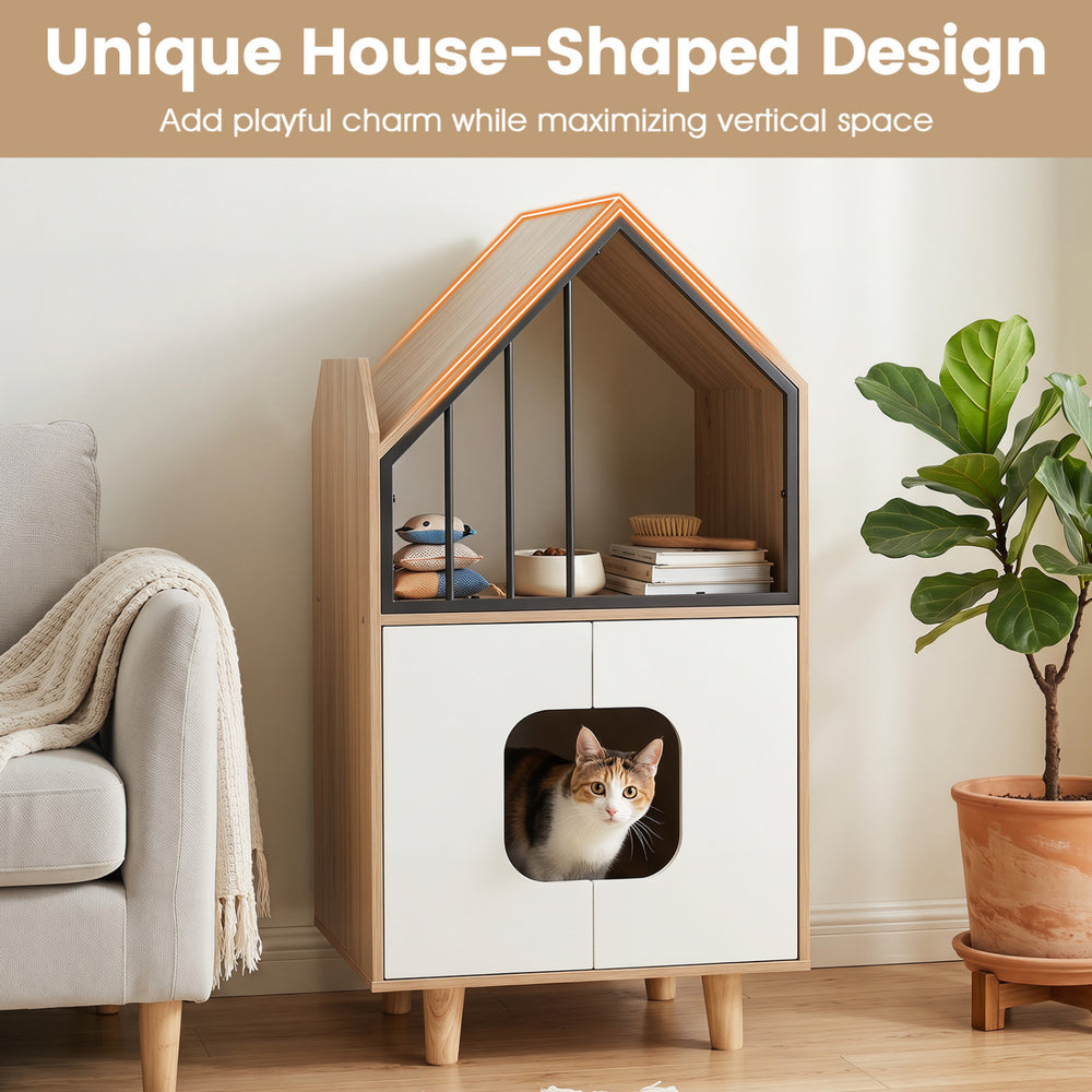 Modern cat litter box enclosure with house-shaped design, featuring a spacious cabinet and decorative metal fence for airflow.