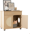 Cat litter box enclosure in natural wood with sisal scratching doors, providing private space and storage for cat.
