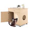 Cat litter box enclosure in natural finish with sisal scratching doors, offering storage and a private space for cats.