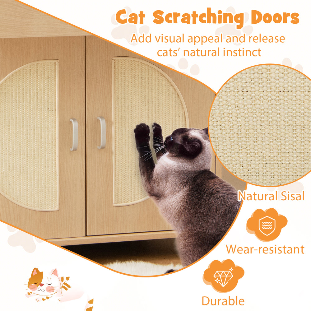 Cat litter box enclosure with natural sisal scratching doors, offering private space and storage for cat essentials.