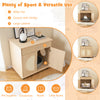 Cat litter box enclosure with sisal scratching doors, natural wood finish, and ample storage for pet supplies.