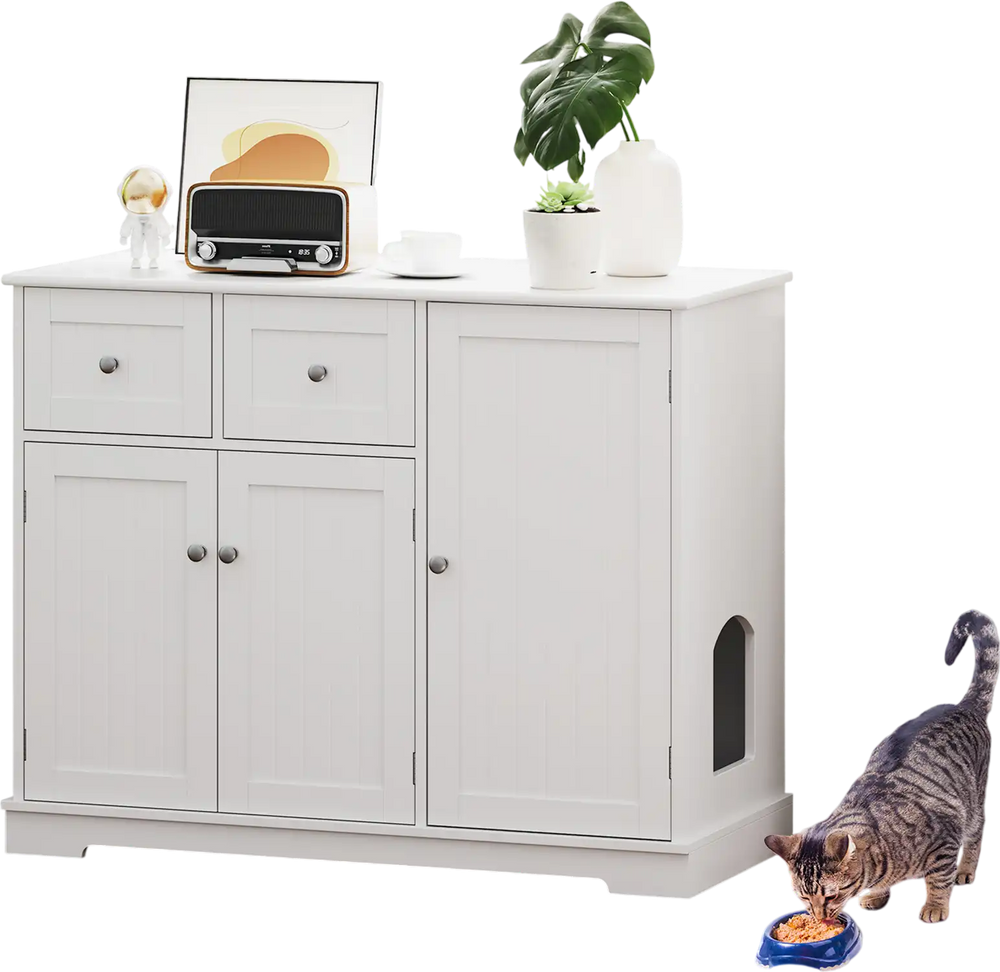 Cat litter box enclosure in white featuring a large countertop for decor and convenient side entrances for easy cat.