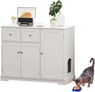 Costway Cat Litter Box Enclosure 2 Drawers 3 Doors White 674215983 New