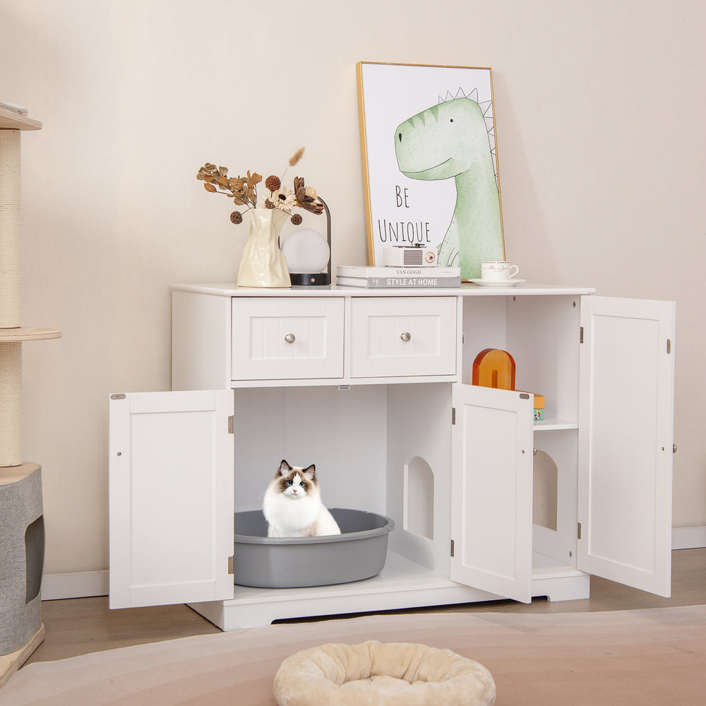 White cat litter box enclosure with smooth glide drawers and double doors, providing easy access and stylish storage.