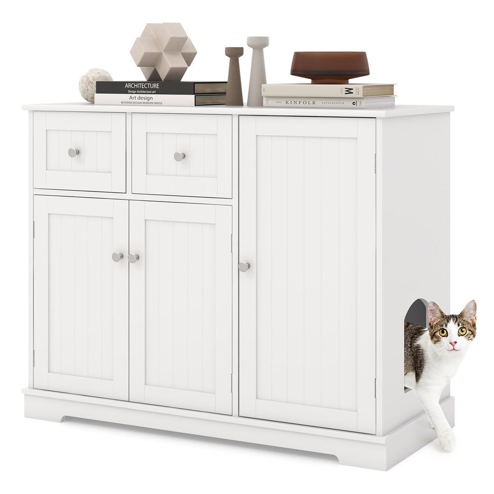 Cat litter box enclosure in white with 2 drawers and 3 doors, providing a stylish and discreet space for cats.