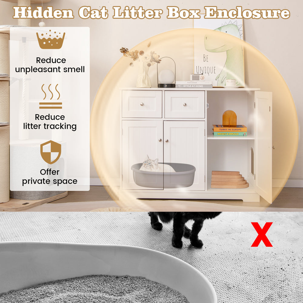 Cat litter box enclosure in white with 2 drawers and 3 doors, providing private space and reducing litter tracking.