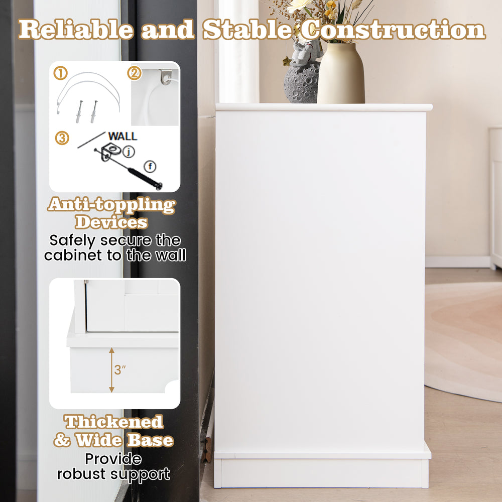 Cat litter box enclosure in white with 2 drawers, 3 doors, and anti-toppling devices for stability and support.