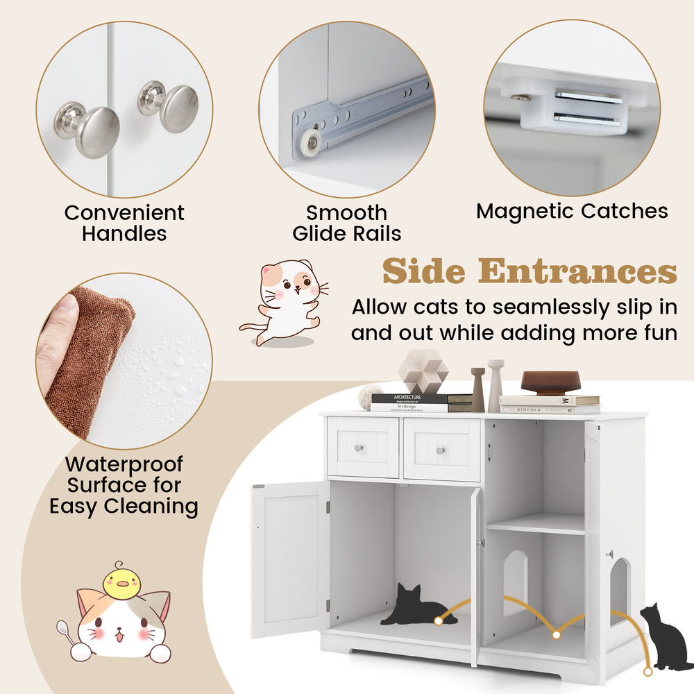 Cat litter box enclosure in white with 2 drawers, 3 doors, and side entrances for easy access and stylish storage.