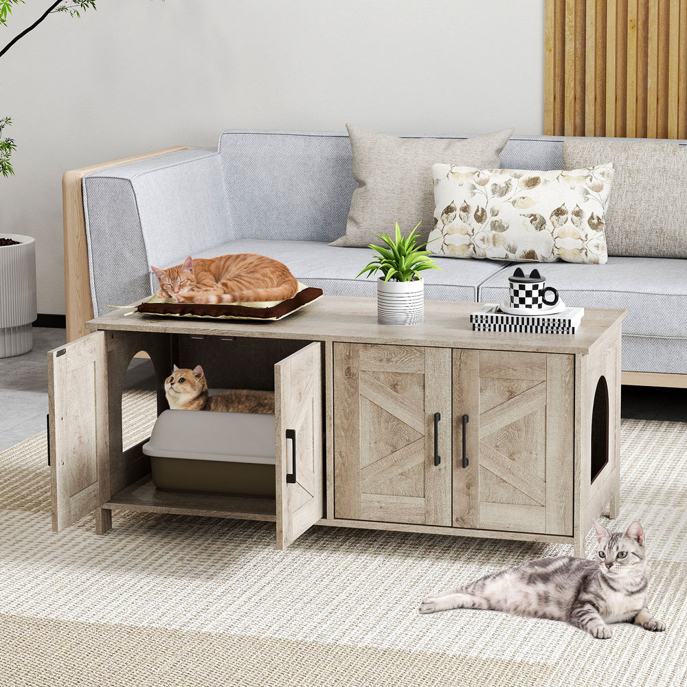 Cat litter box enclosure in hidden oak, featuring rustic barn doors, spacious compartments, and a large tabletop for.
