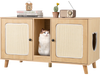 Cat litter box enclosure with double rooms, sisal scratching mats, and a natural wood finish for stylish pet care.