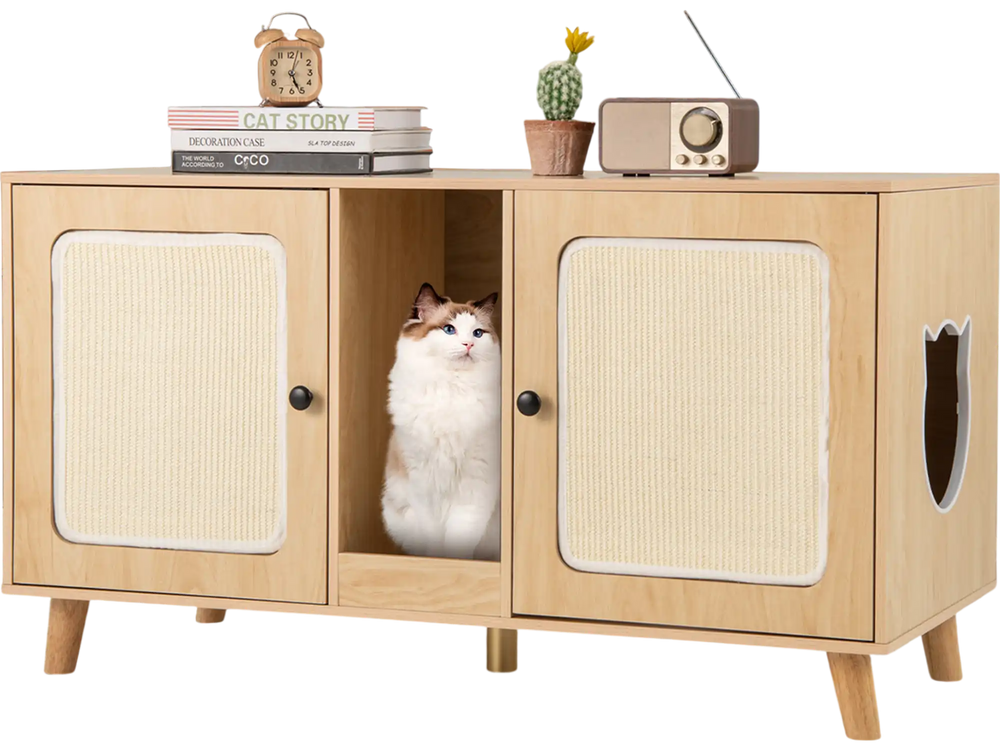 Cat litter box enclosure with double rooms, sisal scratching mats, and a natural wood finish for stylish pet care.