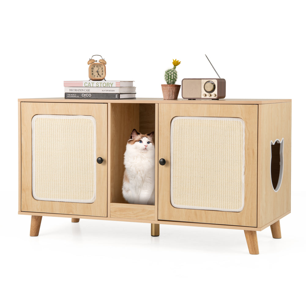 Natural 43-inch cat litter box enclosure with double rooms, sisal scratching mats, and stylish design for pet comfort.