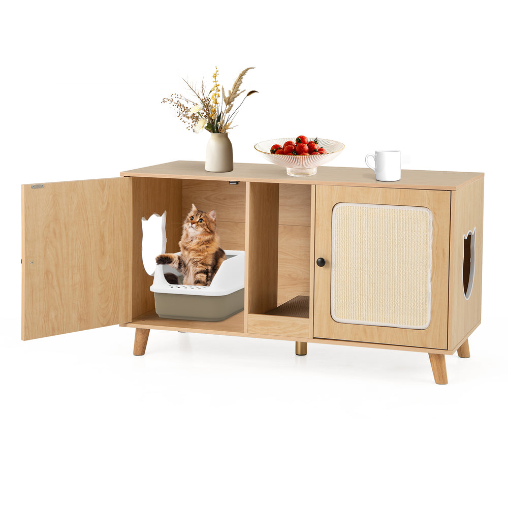 Cat litter box enclosure in natural wood finish with double rooms and sisal scratching mats for stylish pet care.