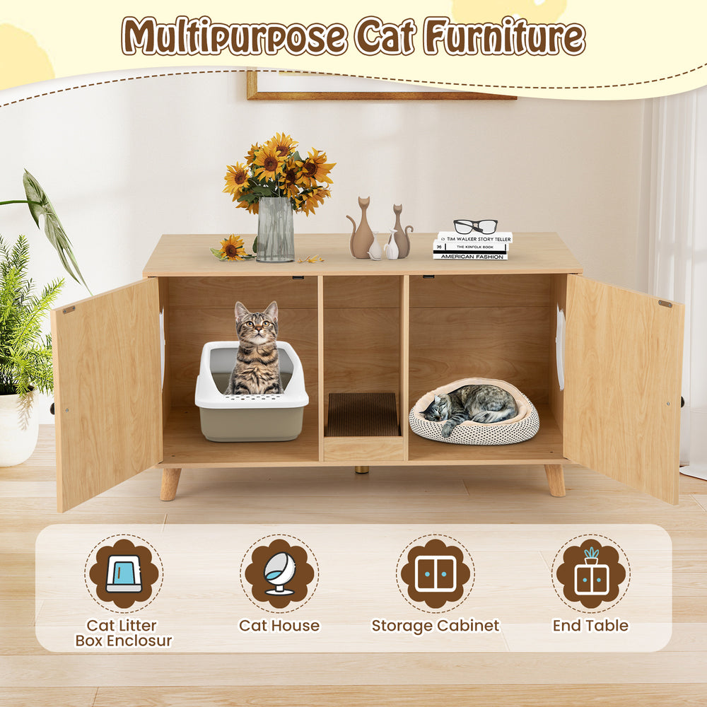 Cat litter box enclosure with double rooms, sisal scratching mats, and natural wood finish for stylish pet furniture.