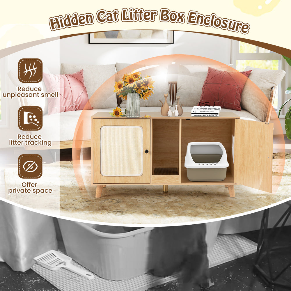 43-inch natural cat litter box enclosure with double rooms, sisal scratching mats, and hidden areas for privacy and.