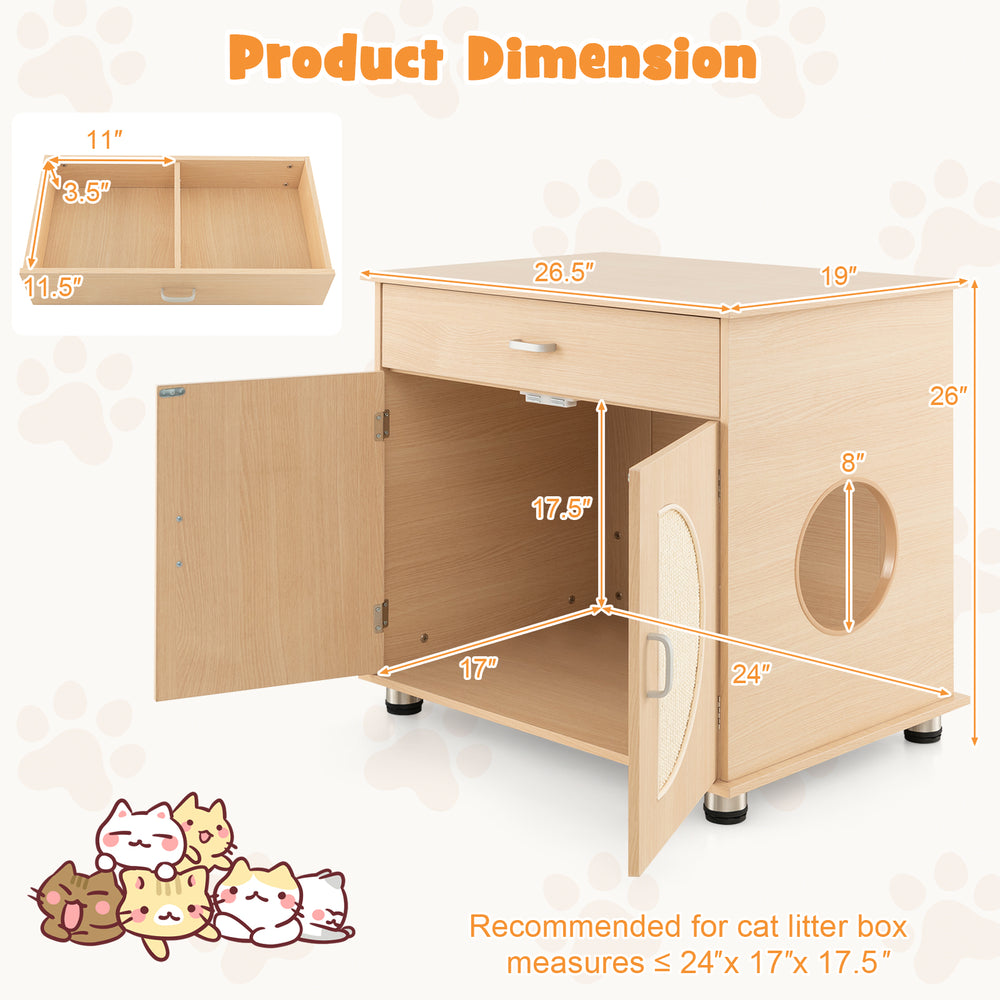 Cat litter box enclosure in natural finish with sisal scratching doors and storage drawer, ideal for reducing litter.