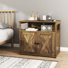 Cat litter box enclosure with double barn doors, rustic wood finish, and spacious storage shelf for tidy living spaces.