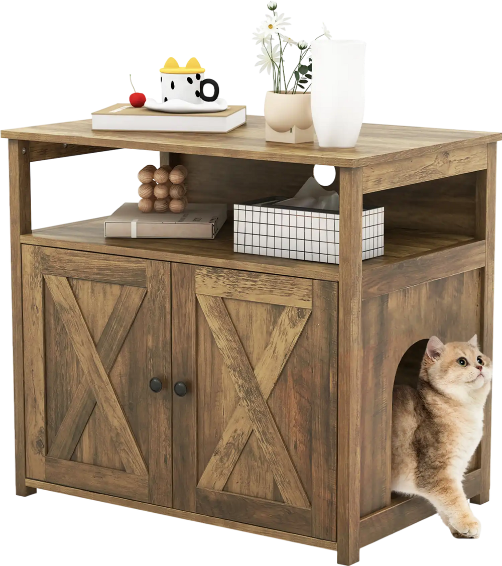 Cat Litter Box Enclosure with Double Barn Doors, Divider, Side Entry and Storage Shelf