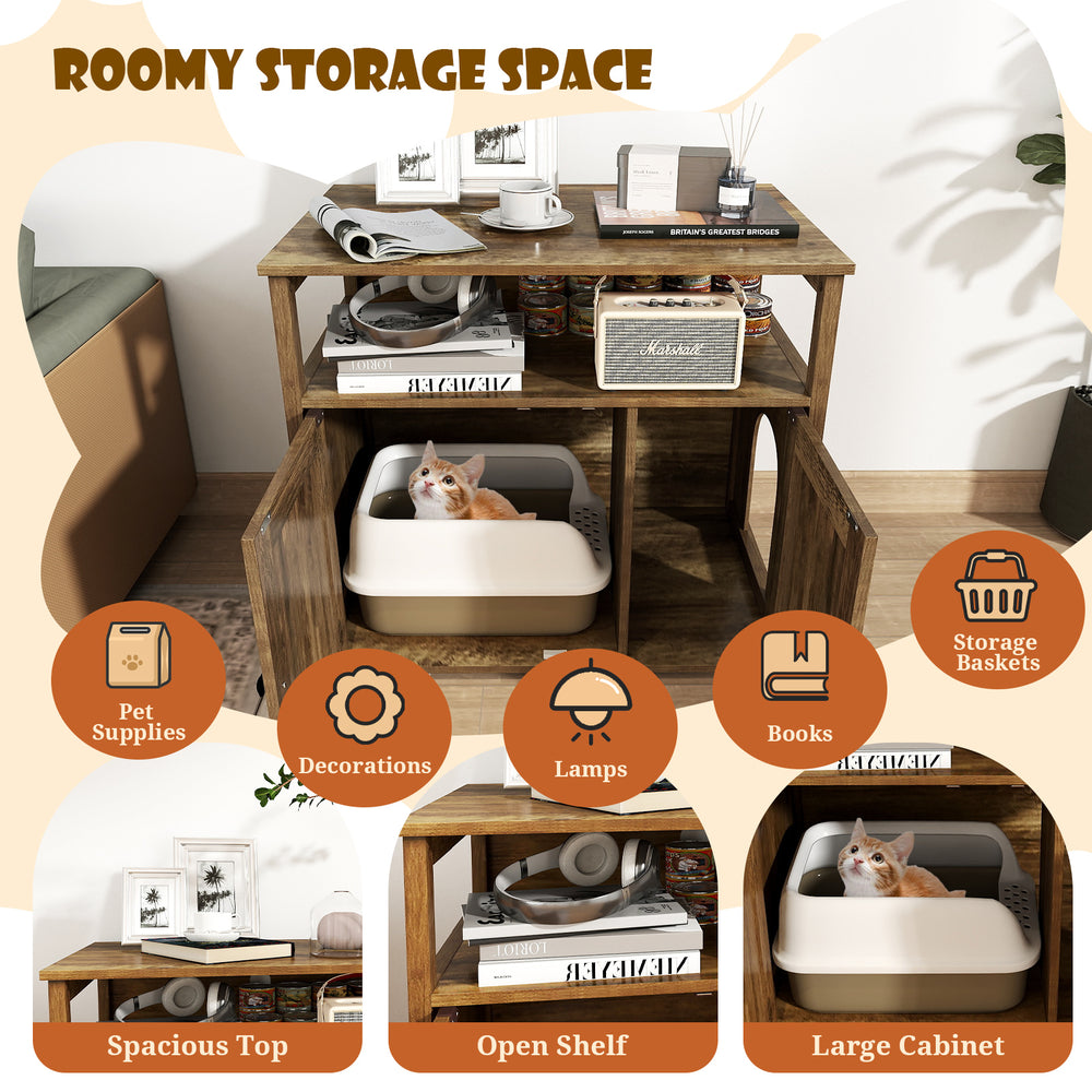 Cat litter box enclosure with double barn doors, spacious top, and large cabinet for tidy storage and easy feline.