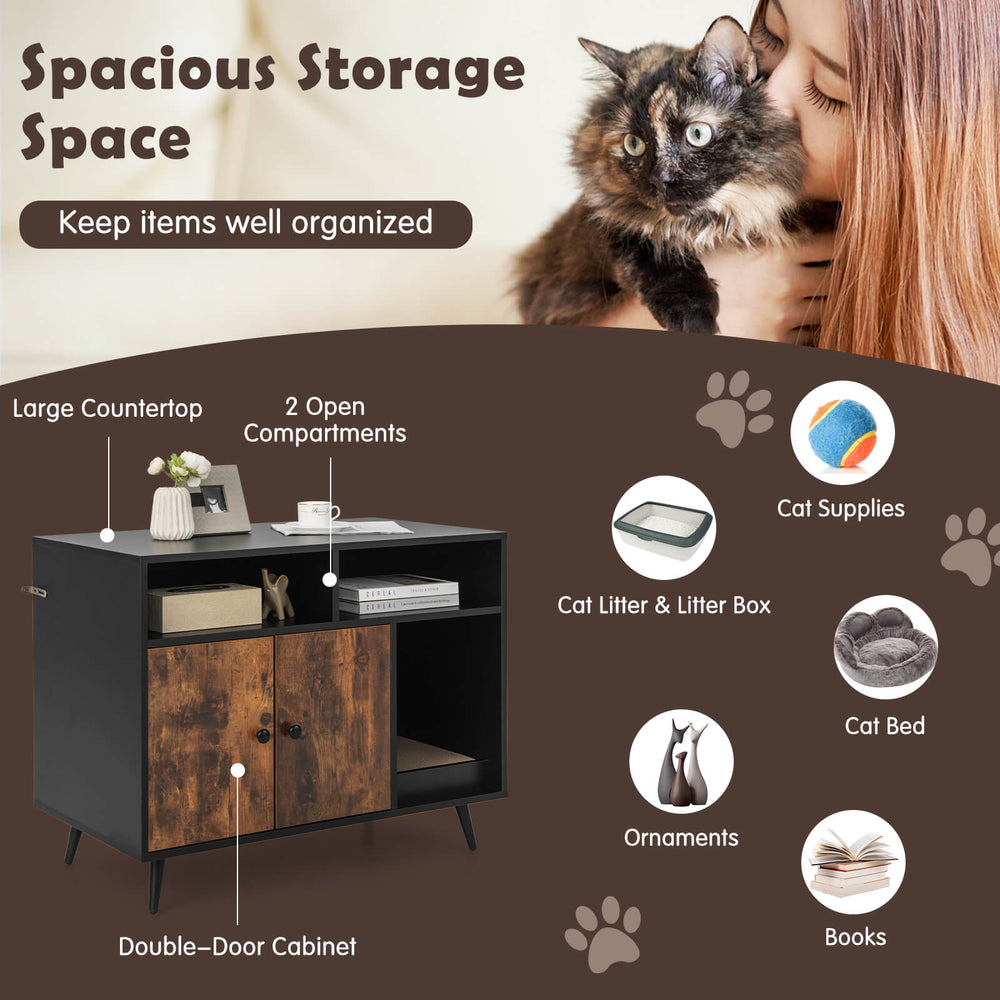 Cat litter box enclosure with storage compartments, featuring a large countertop and double-door cabinet for.