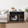 Cat litter box enclosure with storage compartments, featuring a stylish design and a hidden cat washroom for home decor.