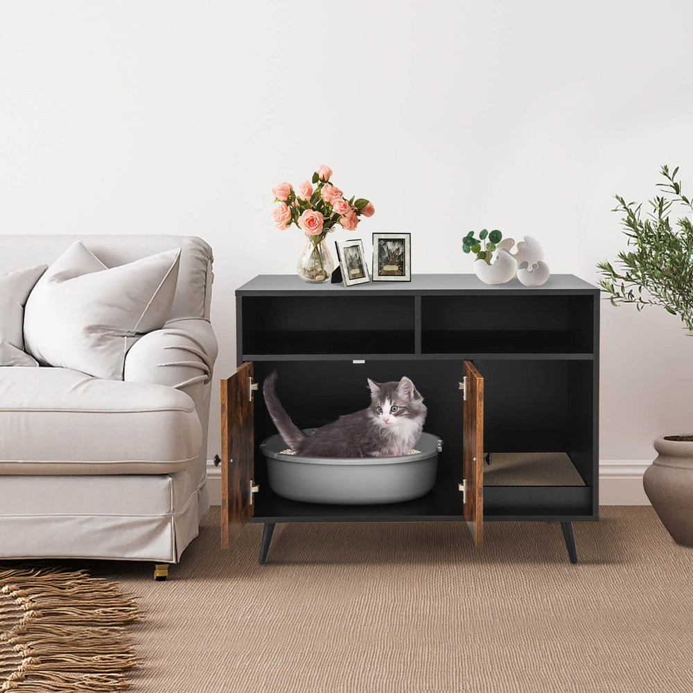 Cat litter box enclosure with storage compartments, featuring a stylish design and a hidden cat washroom for home decor.