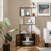 Tall cat litter box enclosure in rustic brown with geometric shelves and hidden washroom for organized pet care.