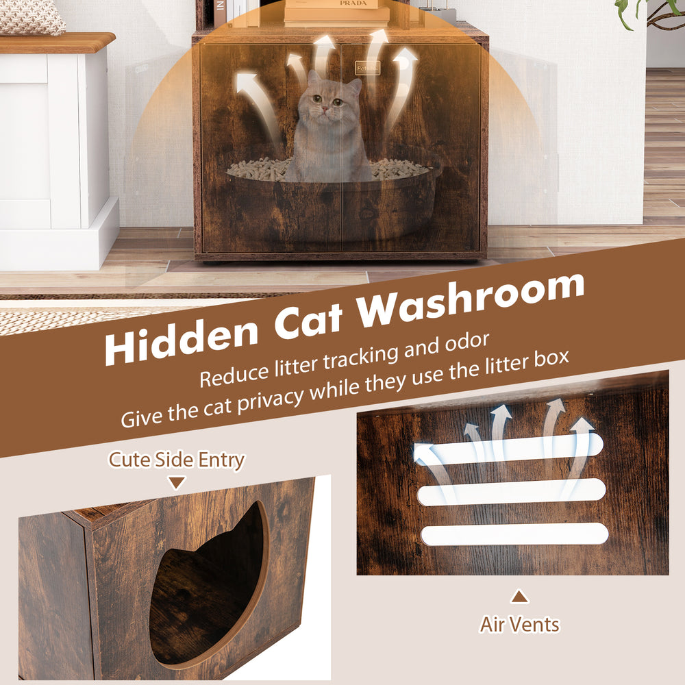 Rustic brown cat litter box enclosure with side entry, air vents, and storage for organized pet essentials.