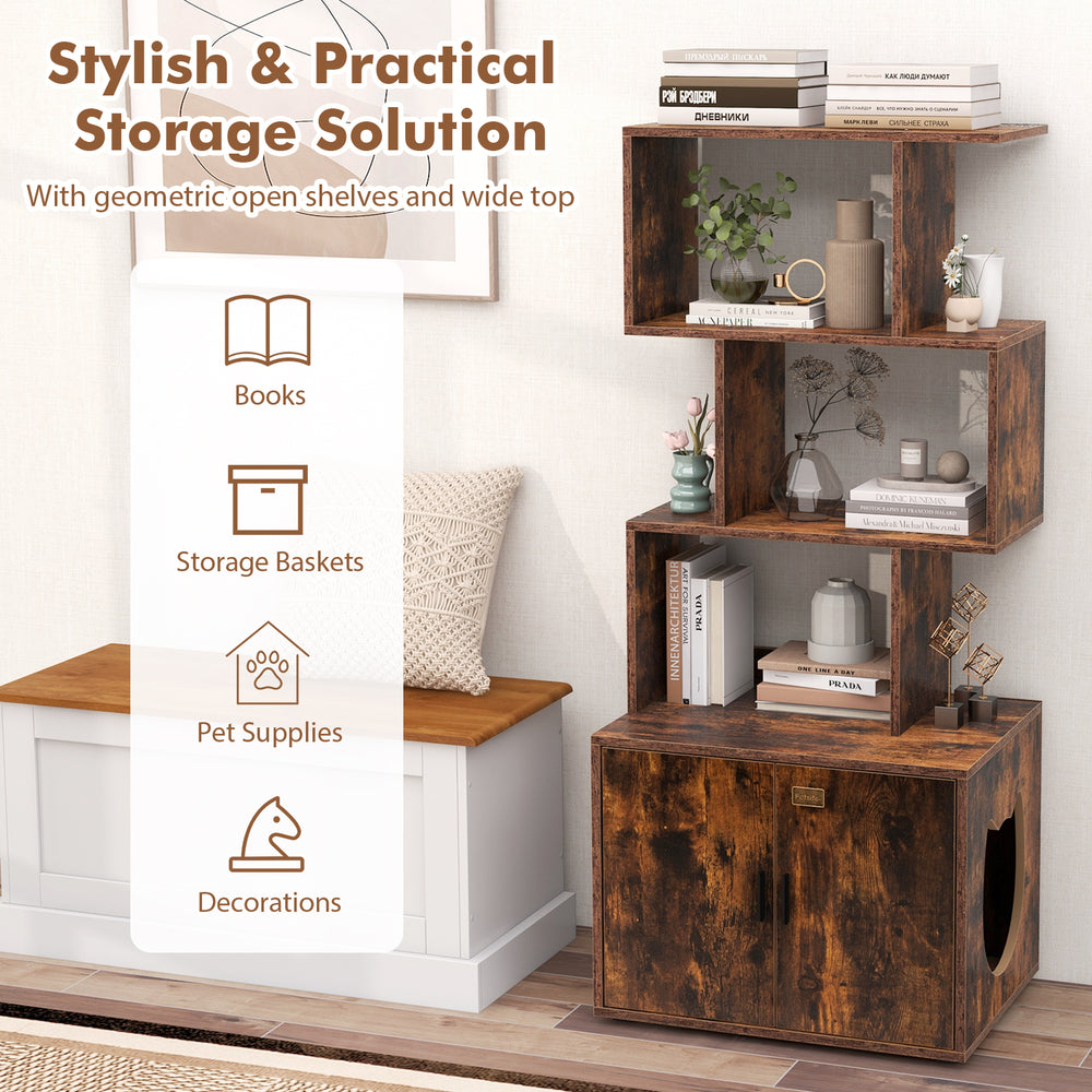 56-inch tall rustic brown cat litter box enclosure with geometric shelves and hidden storage for pet supplies and.
