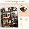 3-tier storage shelves of a cat litter box enclosure in rustic brown, featuring raised baffles to prevent item falls.