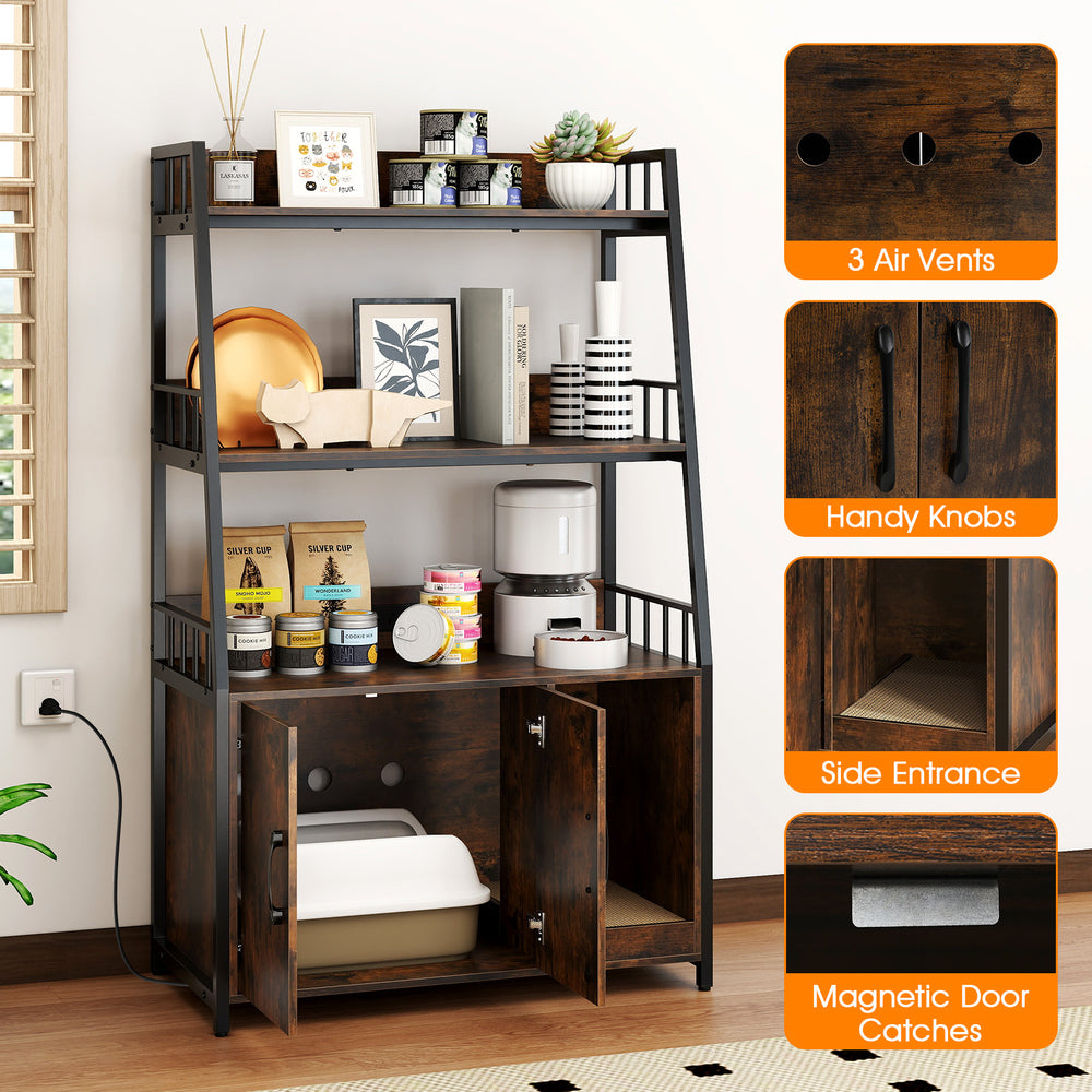 Rustic brown cat litter box enclosure with storage shelves, featuring 3 air vents and a side entrance for easy access.