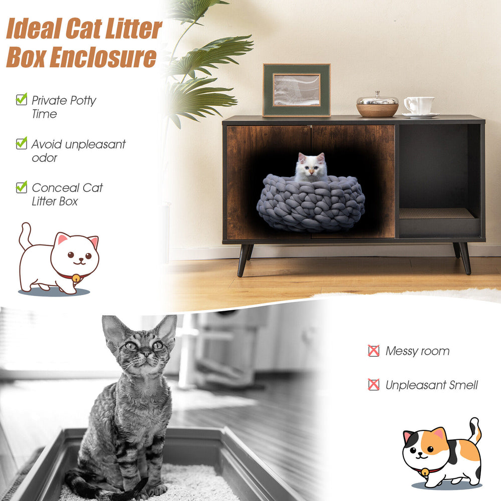Cat litter box enclosure with double doors, crafted from EO grade wood, stylish design for concealing litter box.