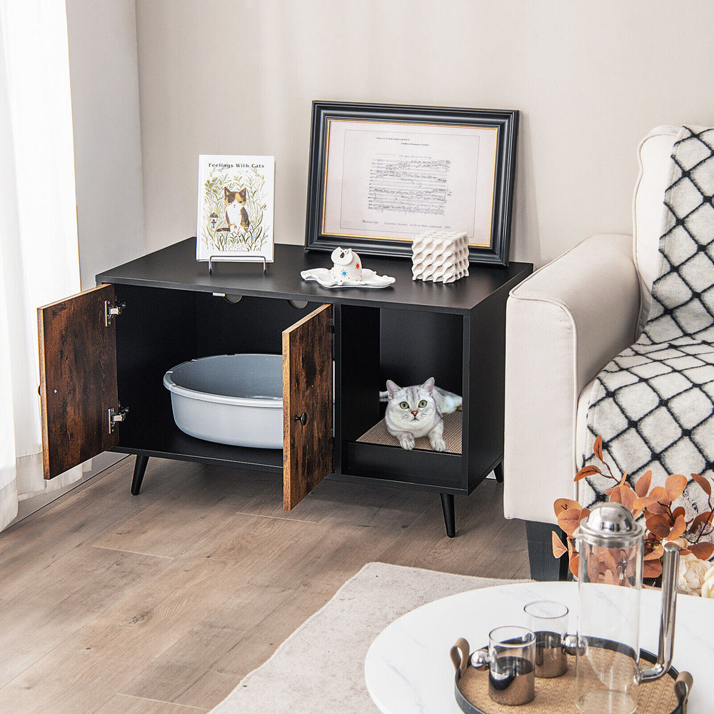 Cat litter box enclosure with double doors, crafted from EO grade engineer wood, perfect for hiding litter and decor.