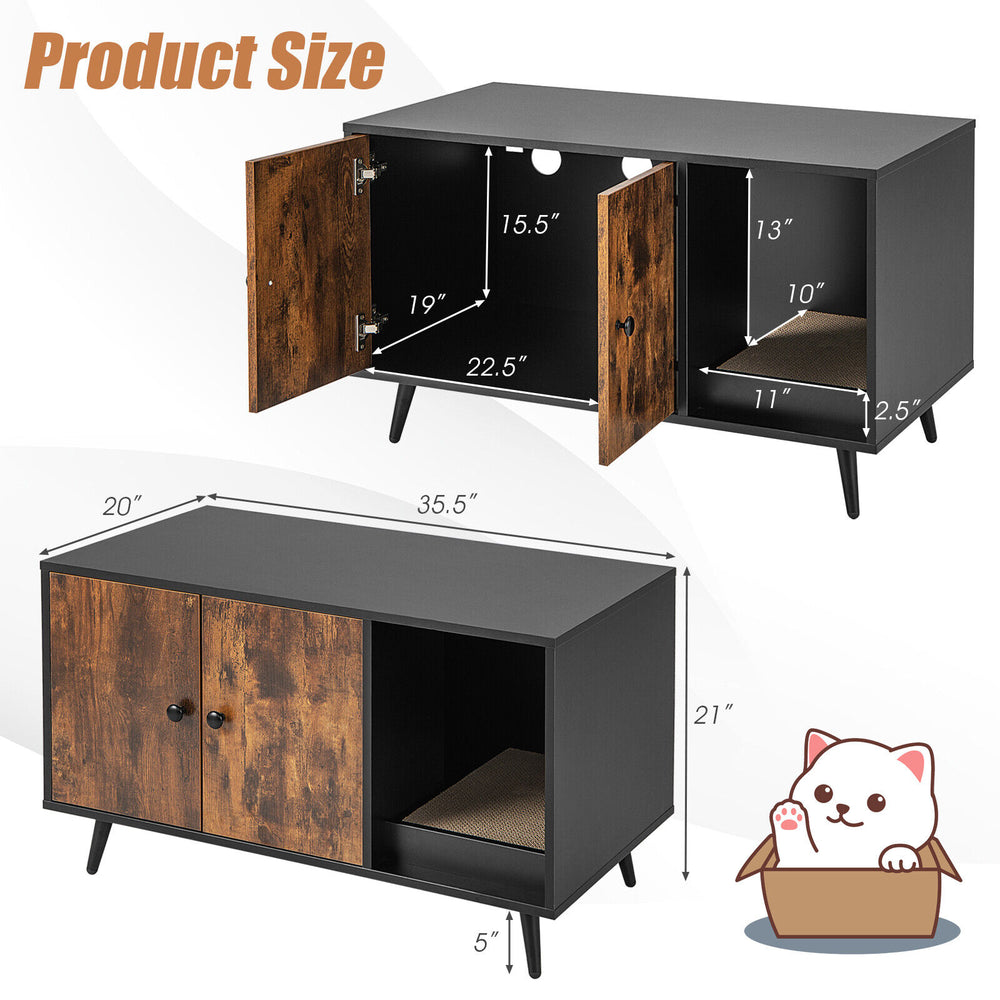 Cat litter box enclosure with double doors, made from EO grade engineer wood, featuring a large tabletop and scratch.