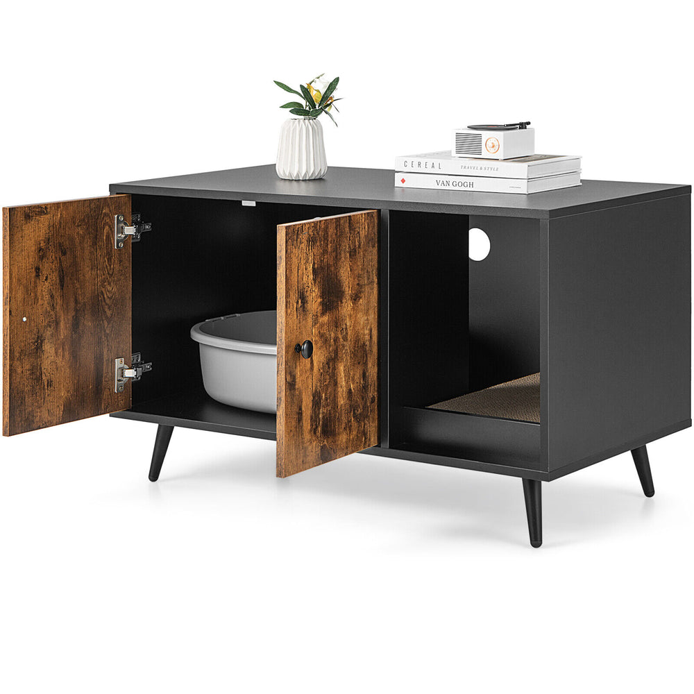 Cat litter box enclosure with double doors, engineered wood, and a large tabletop for stylish pet-friendly decor.