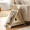 Cat scratcher with high-density corrugated cardboard, natural wood-like texture, and X-shaped design for feline.