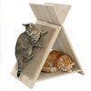 X-shaped cat scratcher made of natural wood-like material, featuring a scratching surface and cozy lounge space for.