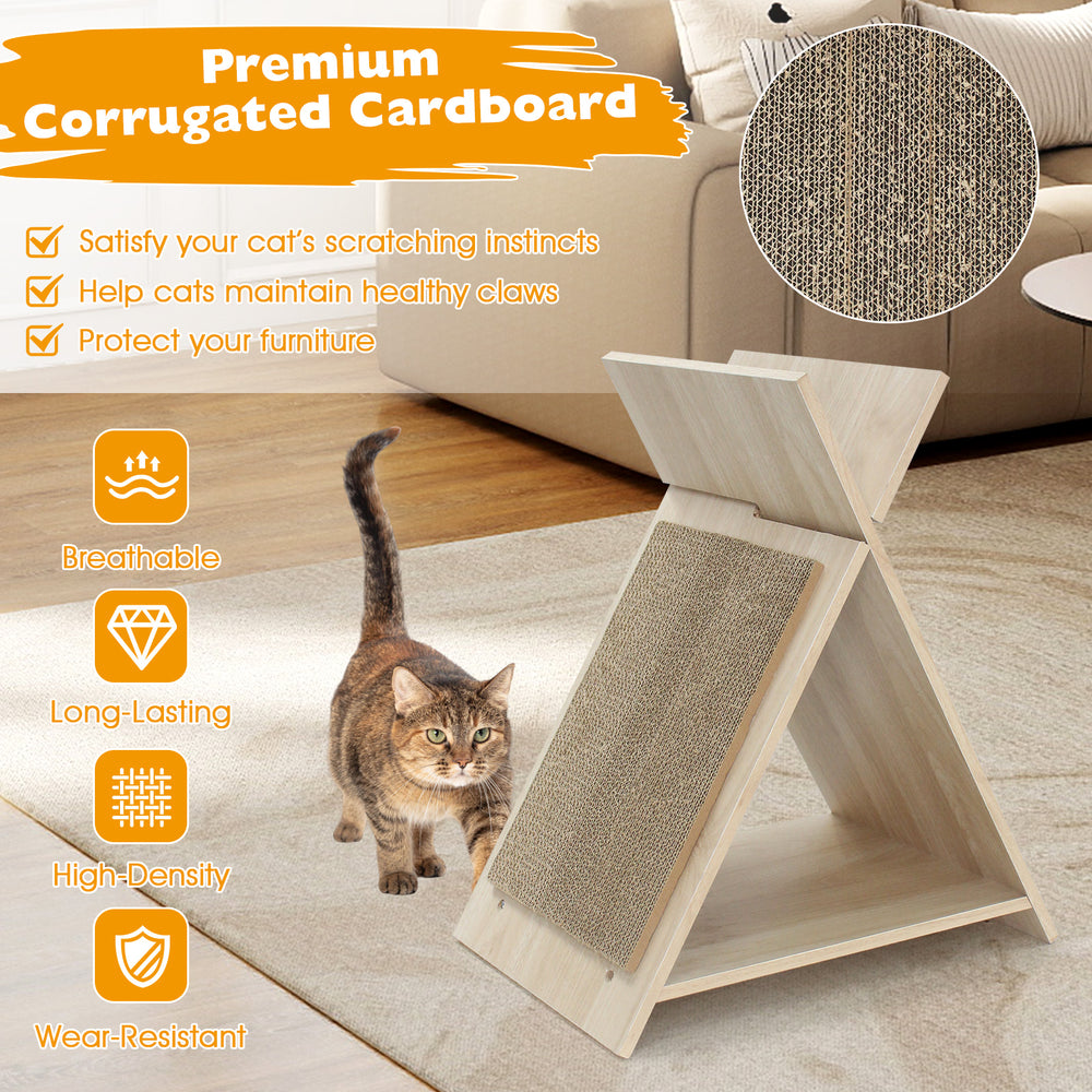 X-shaped cat scratcher made of high-density corrugated cardboard, promoting claw sharpening and furniture protection.