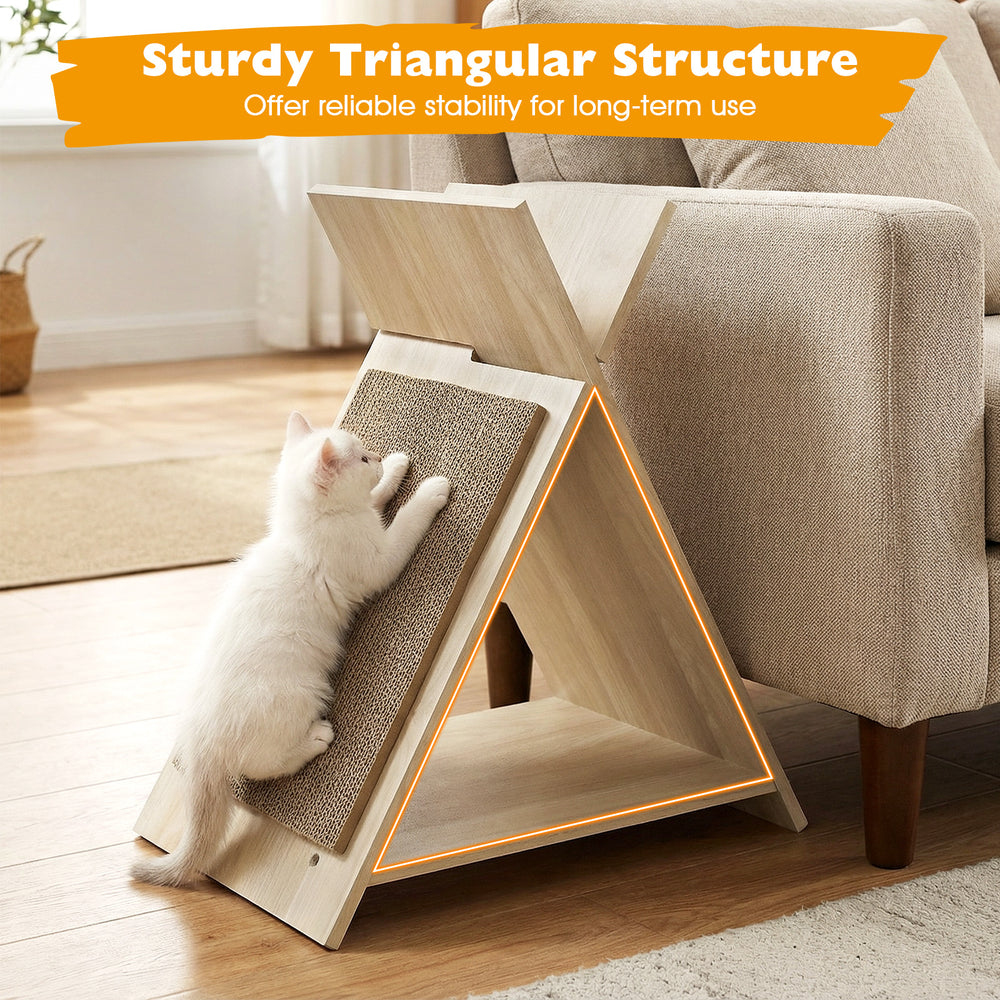 Cat scratcher with triangular design, high-density cardboard, and wood-like texture for claw sharpening and lounging.